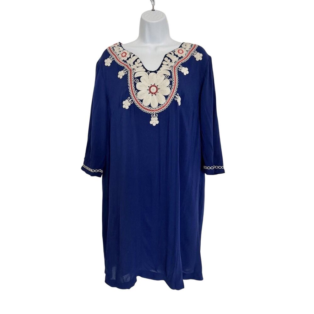 Boden Dress Size 10 Blue Embroidered Floral Half Sleeve Lined V-Neck Shift